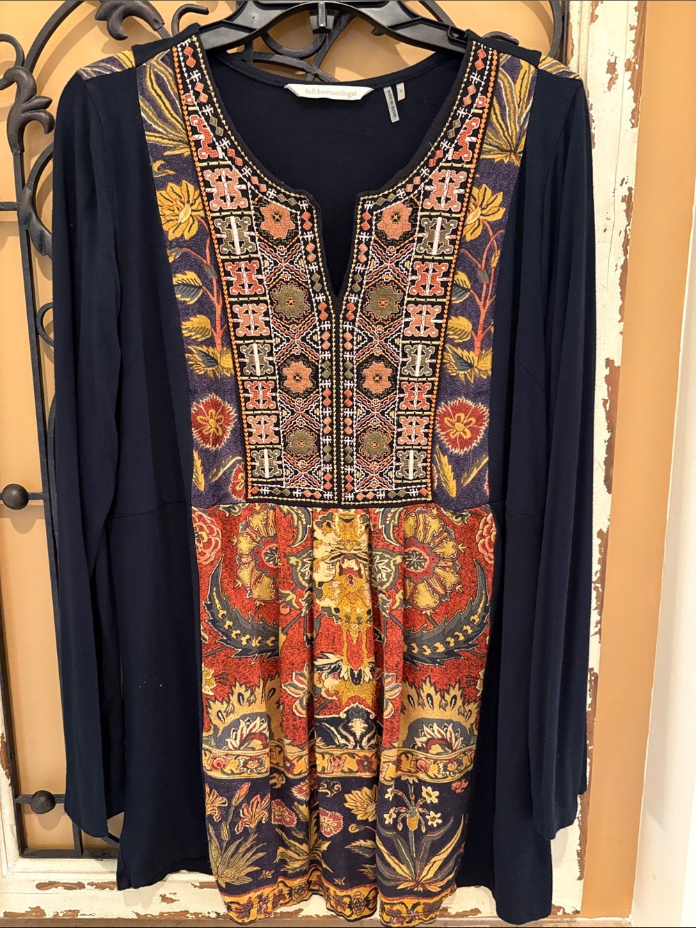 Soft Surroundings Black Tunic with Multicolor Embroidered Front